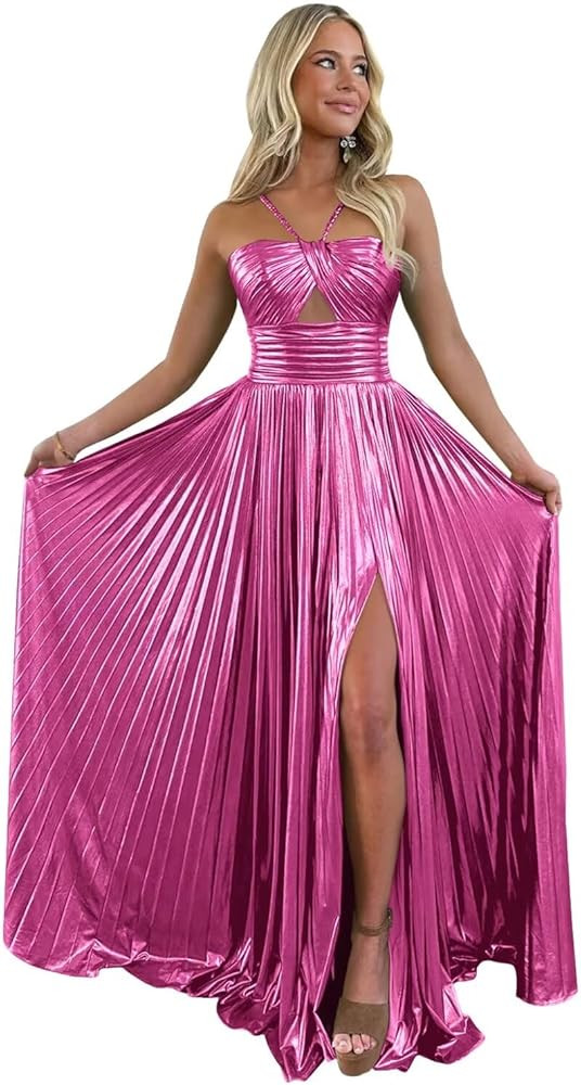 Sparkly Satin Metallic Prom Dresses with Slit Long Spaghetti Straps Formal Evening Gowns | Amazon (US)