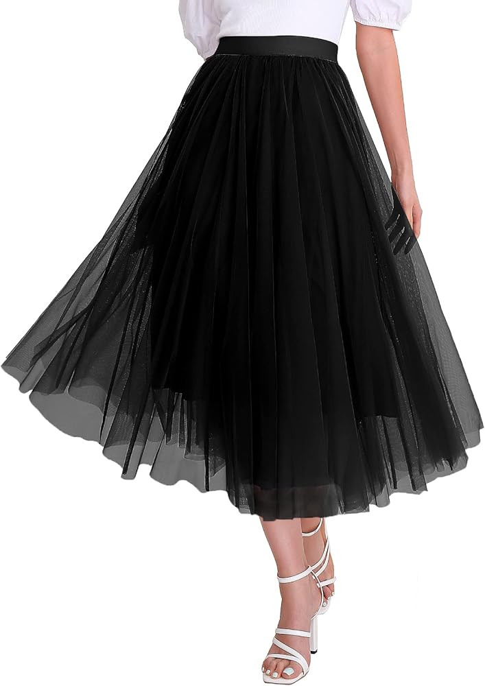 Women’s Tulle Skirts Midi Elastic High Waist Pleated Mesh Flowy A-Line Party Long Tutu Skirts... | Amazon (US)