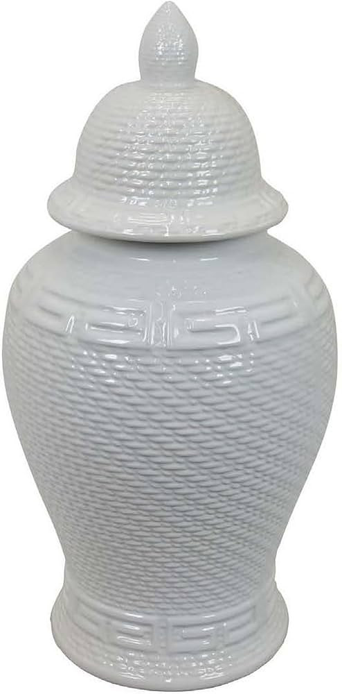 Benjara Bryan 24 Inch Ceramic Temple Jar, Geometric Print, Finial Top, White | Amazon (US)