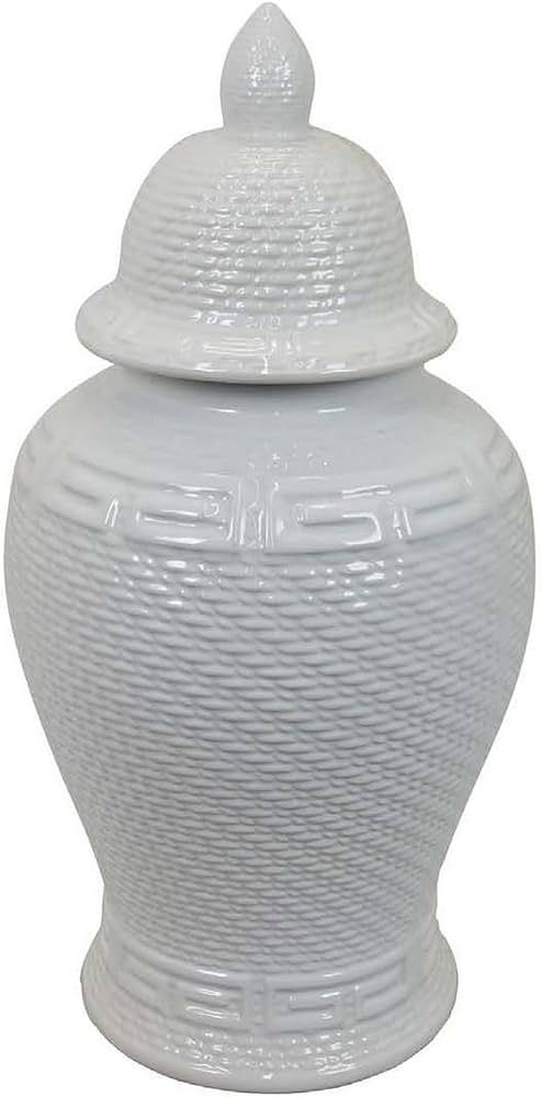 Benjara Bryan 24 Inch Ceramic Temple Jar, Geometric Print, Finial Top, White | Amazon (US)