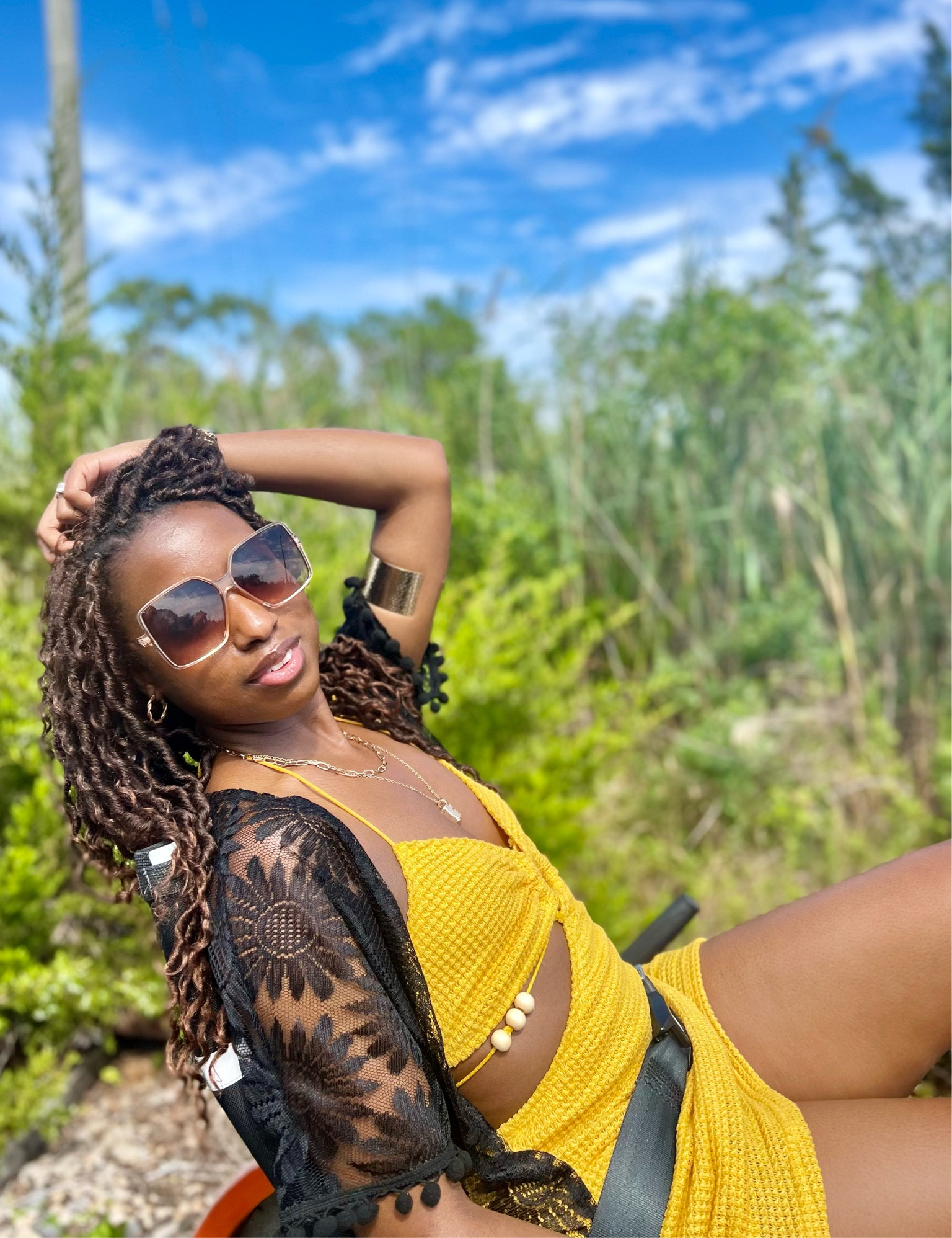 Perfect For Summer! Ring linked bead detail tassel tie backless yellow halter body con dress and black floral lace Pom Pom kimono. 

#LTKSeasonal #LTKfindsunder50 #LTKstyletip