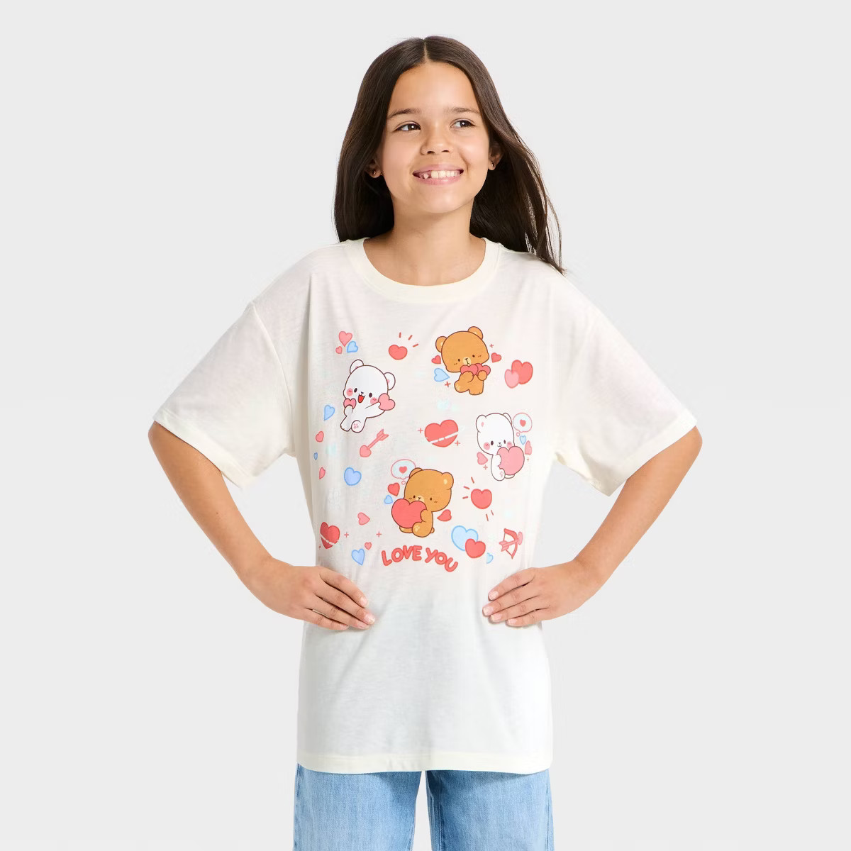 Girls' Milkmochabear Short Sleeve Teddy Bears and Hearts Oversized T-Shirt - Cream | Target