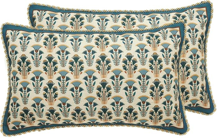 patdrea Designer Rectangle Throw Pillow Covers Set of 2,Rustic Vintage Blue Linen with Floral Pat... | Amazon (US)