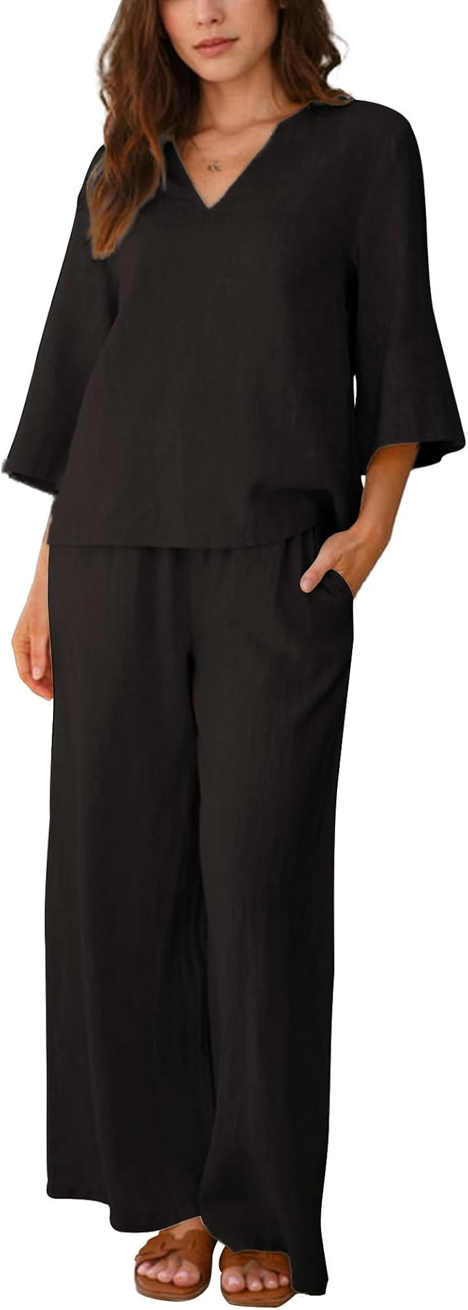 Hixiaohe Womens 2 Piece Outfits Casual 3/4 Sleeve V Neck Tops Wide Leg Pants Linen Lounge Sets Tr... | Amazon (US)