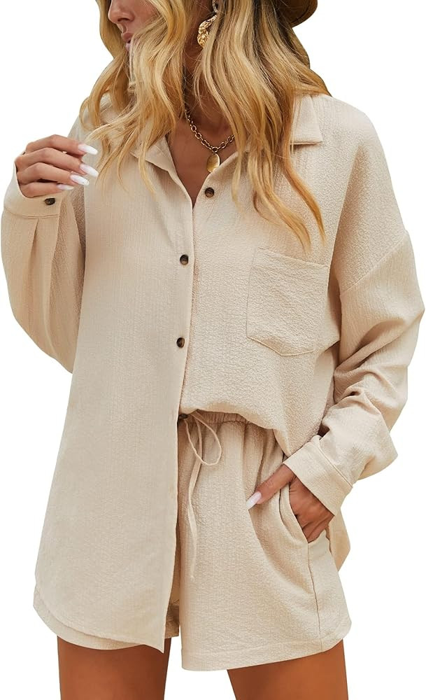 Ekouaer Two Piece Sets for Women Long Sleeve Lounge Set Button Down Shirts and Casual Shorts with... | Amazon (US)
