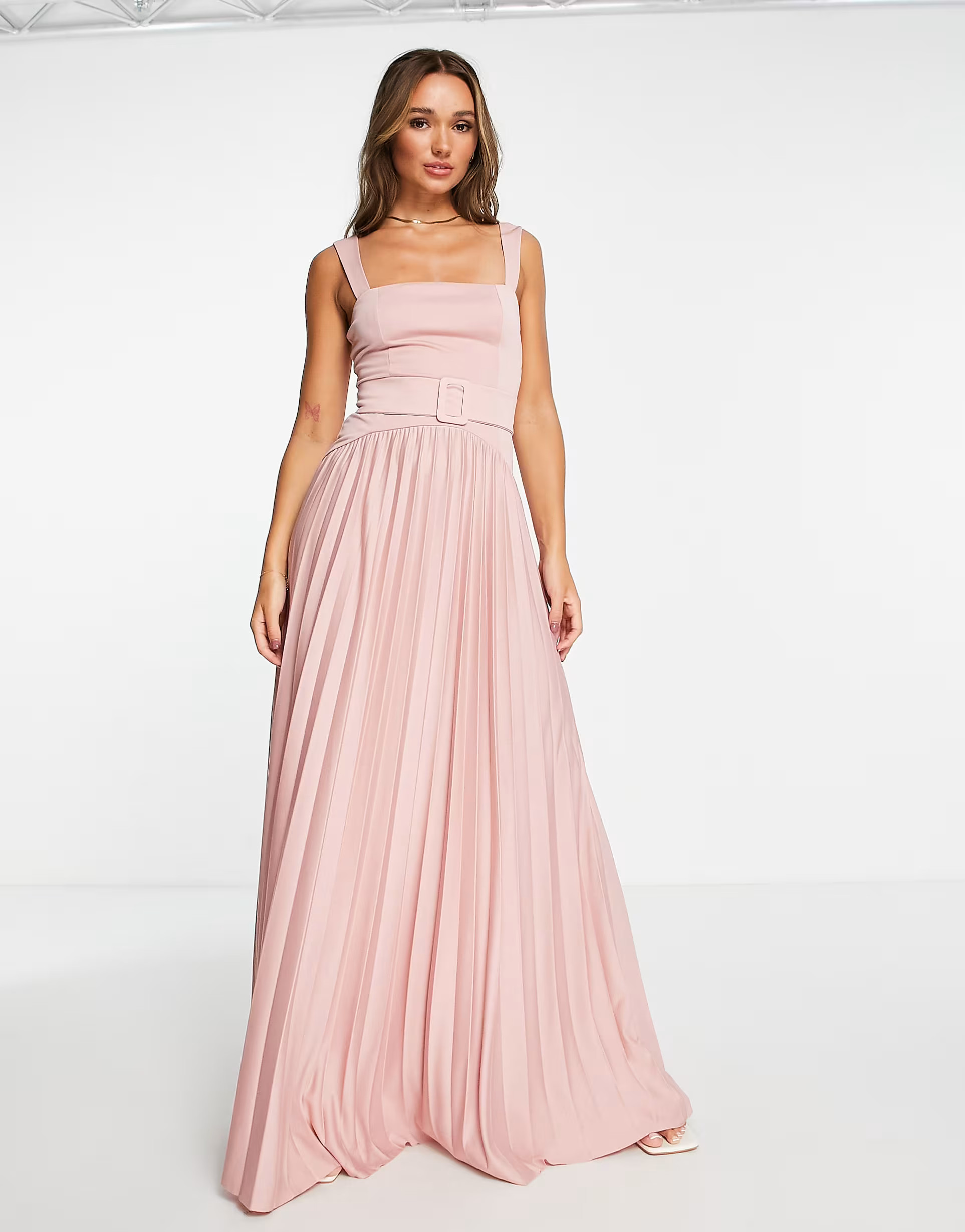 ASOS DESIGN square neck belted pleated maxi dress in rose - PINK | ASOS (Global)