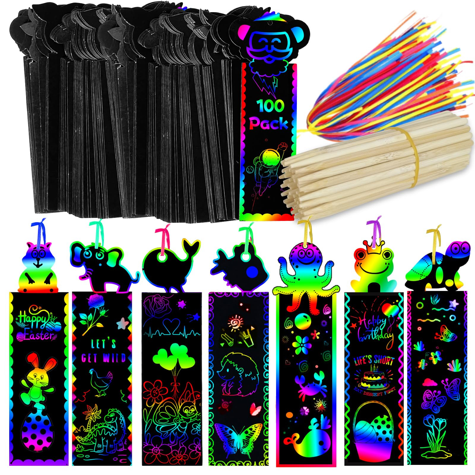 100 Sets Bookmark Making Kit, Scratch Art DIY Animal Bookmarks Bulk with 100 Pcs Ribbons and 100 ... | Amazon (US)