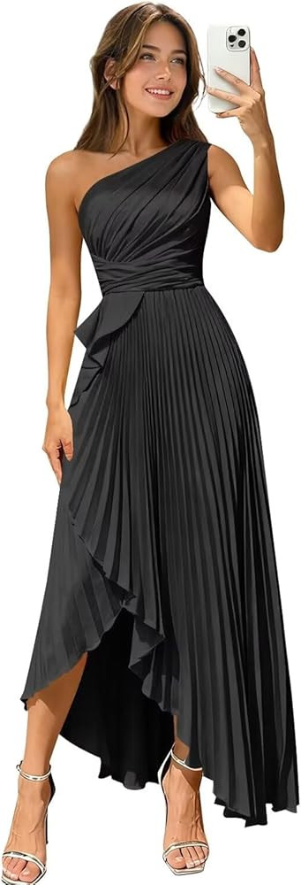 Bridesmaid Dresses Satin for Women Long Pleated One Shoulder Prom Evening Dresses with Slit | Amazon (US)
