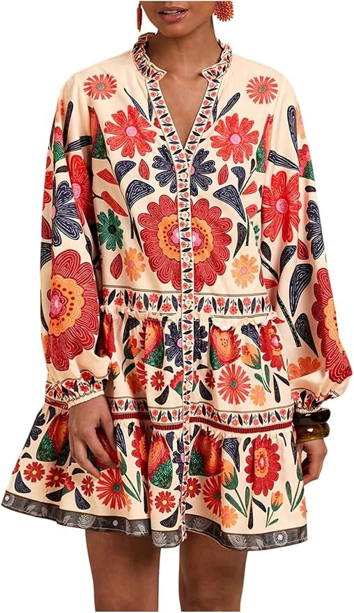 SOLY HUX Women's Floral Print Summer Short Dresses Boho Beach Long Sleeve Button Down Flowy Smock... | Amazon (US)