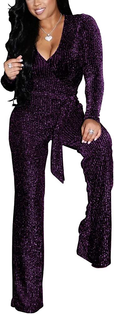 HannahZone Women's Sexy Sparkly Jumpsuits Clubwear Long Sleeve Elegant Party Rompers High Waisted... | Amazon (US)