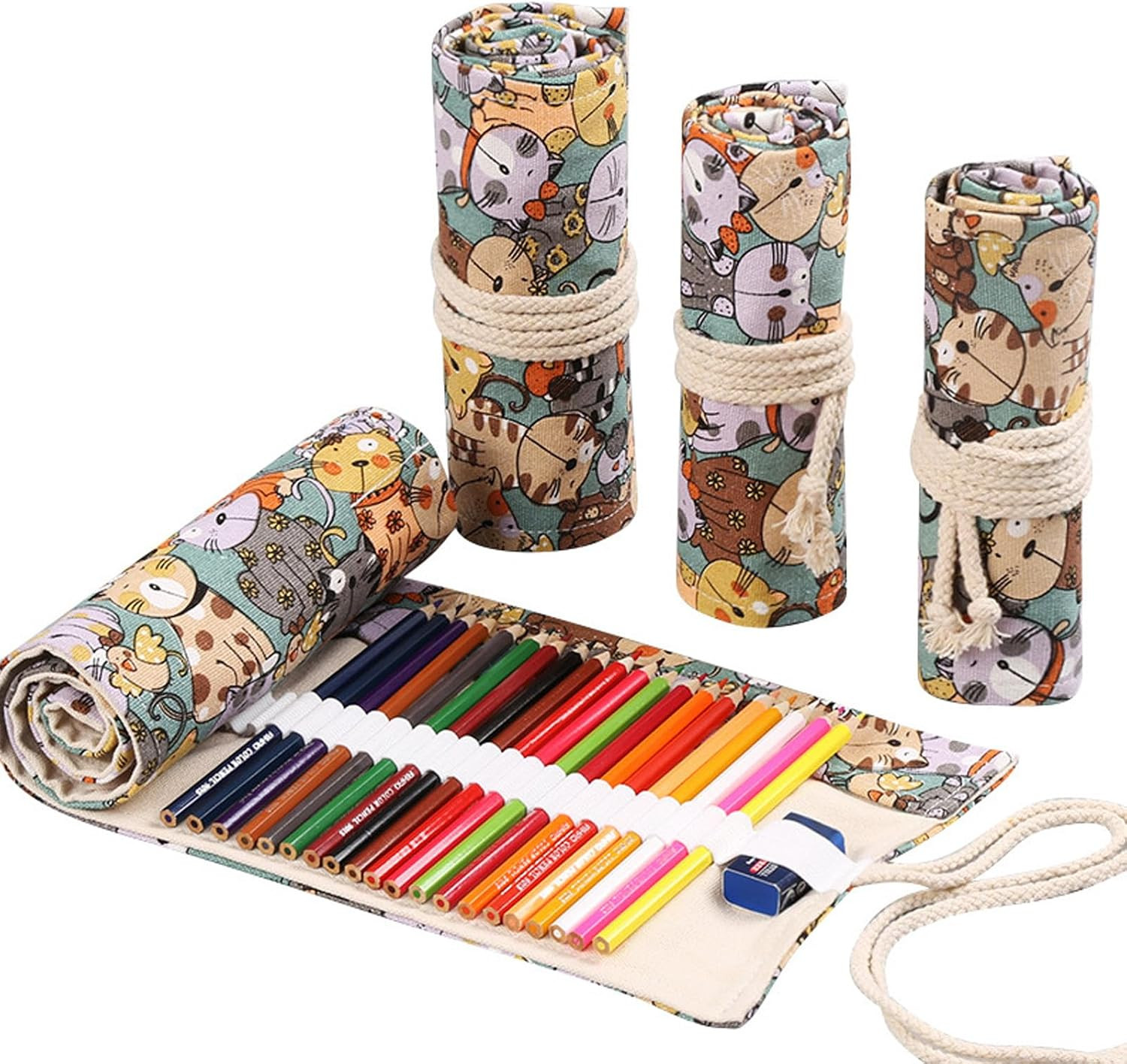 DIYOMR 24/36/72 Slots Pencil Wrap Pencil Rolls, Artist Colored Pencils Roll Up Bag Short Brushes Pouch Case Pencils Organizer for Drawing Coloring and Sketching,No Pencils (Cuddly Cat, 24slots) | Amazon (US)