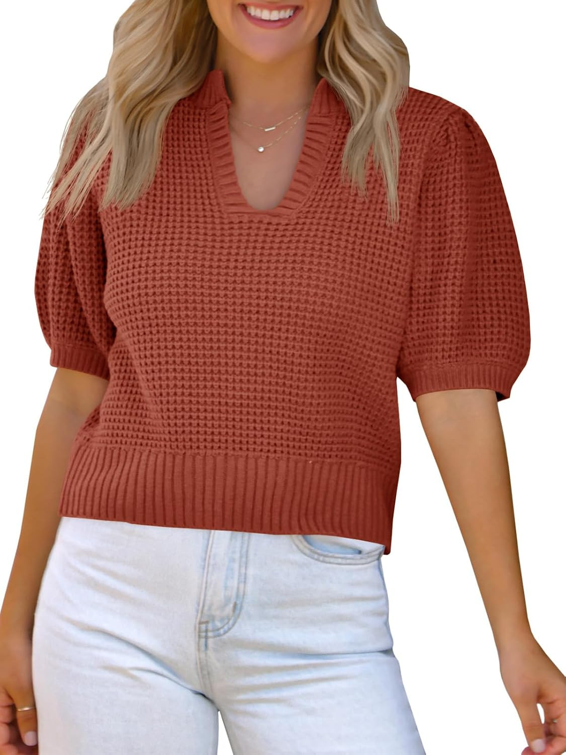 Saodimallsu Womens Puff Short Sleeve Sweater Top Waffle Knit V Neck Spring Summer Cropped Trendy Cute Shirts Blouses | Amazon (US)