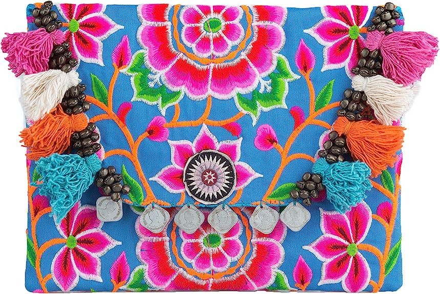 Changnoi Handmade Boho Clutch Bag with Flower Embroidery Decorative Tassels | Amazon (US)