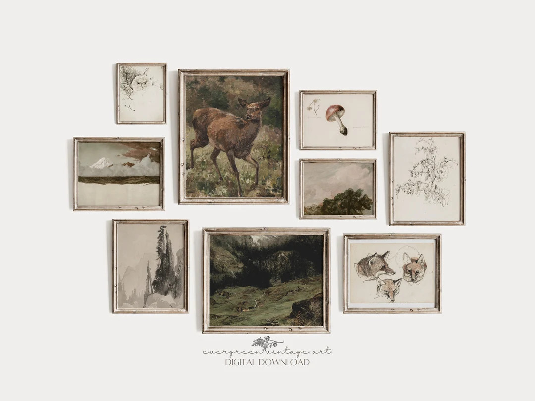 Vintage Rustic Woodland Gallery Wall Set of 9 Mountain Landscape & Wildlife Printable Art Nursery... | Etsy (US)