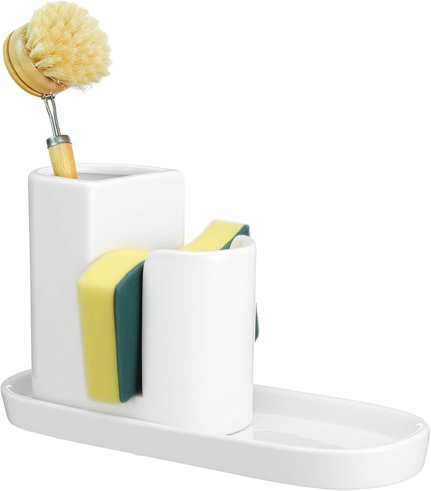 Geelin 3 in 1 Ceramic Kitchen Sink Caddy Dish Sponge Holder Scrub Brush Holder and Soap Tray for ... | Amazon (US)