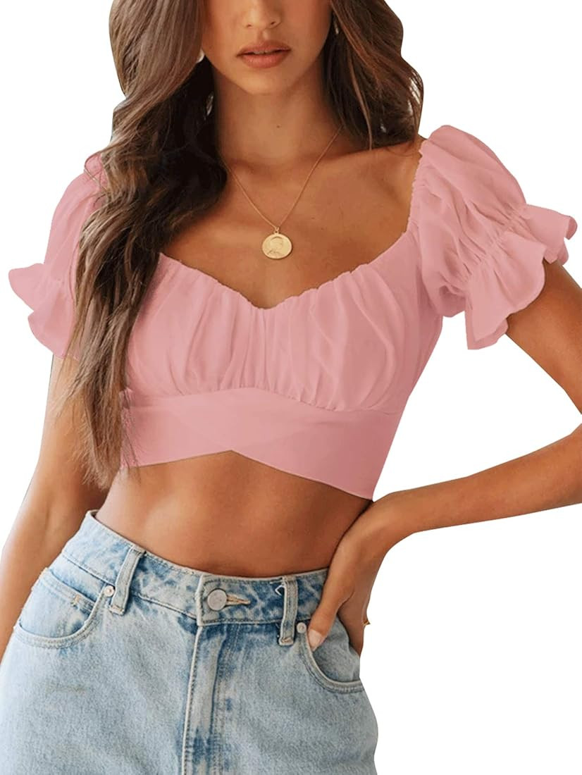 Women's Ruffle Short Sleeve Tie Up Back Crop Top Off Shoulder Bardot Blouse | Amazon (US)