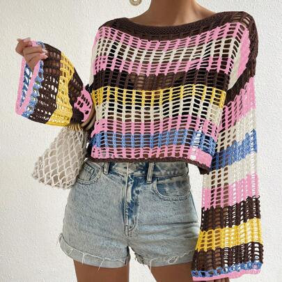Women's Striped Round Neck Long Sleeve Hollow Out Cover-Up Top For Vacation Summer | SHEIN