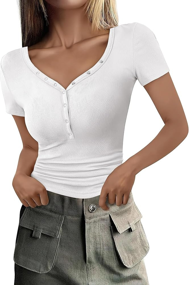 ANRABESS Womens Short Sleeve V Neck Henley Tee Shirts Ribbed Knit Basic Slim Fitted Tops 2025 Sum... | Amazon (US)