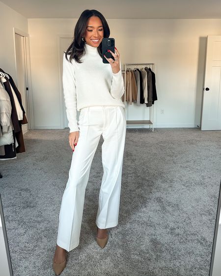 Winter white work outfit! 
Size XS in white sweater - fits TTS
Size 2 in white trousers - relaxed fit
Nude heels fit TTS and are SO comfortable (color is Soft Beige)

#LTKworkwear #LTKunder100 #LTKstyletip