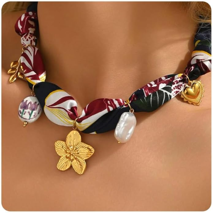 Silk Scarf Necklace for Women Adjustable Bandana Choker with Pearl 18K Gold Charms,Boho Beach Cer... | Amazon (US)