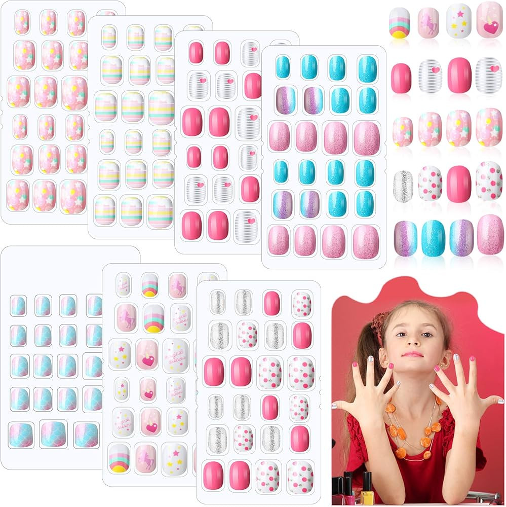 168 Pieces Girls Press on Nails 7 Days Fake Nails Artificial Nails Children Full Cover Short Fals... | Amazon (US)