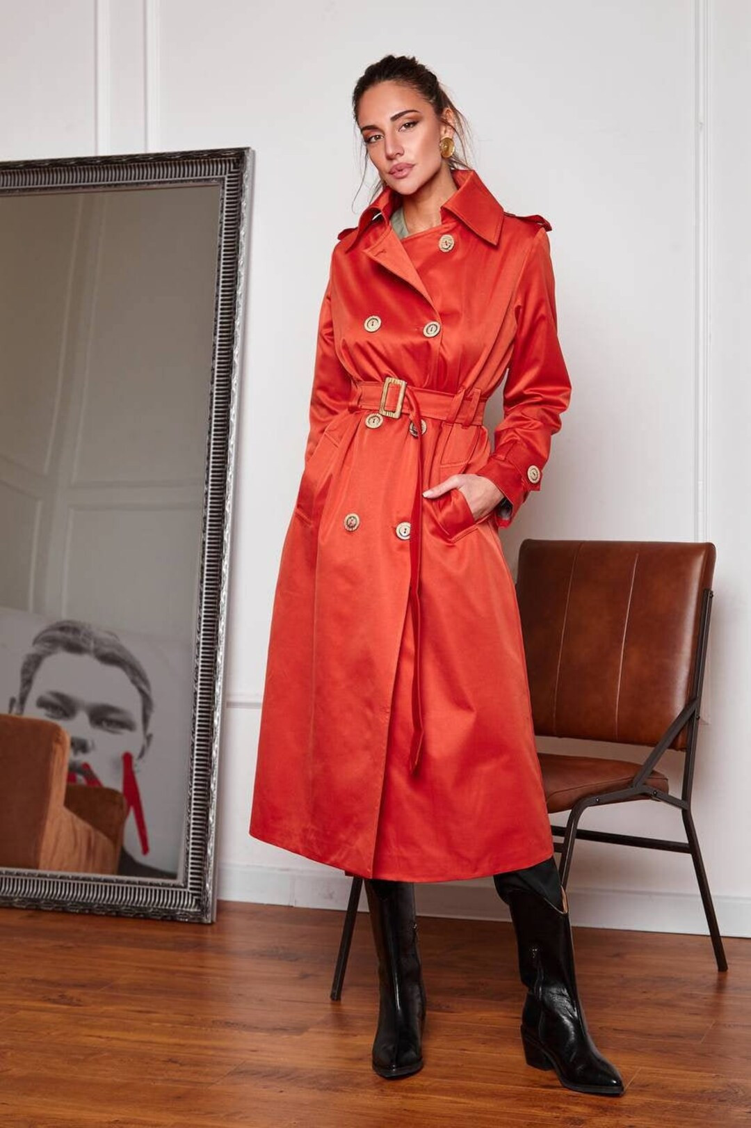 Orange Trenchcoat for Women, Long Trench Coat, Cotton Rain Coat, Belted Double-Breasted Coat for ... | Etsy (US)