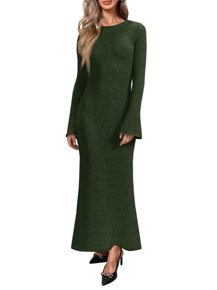 Yousify Womens Bell Long Sleeve Maxi Dress Casual Crewneck Knit Slim Fit Flowy Sweater Dresses | Amazon (US)
