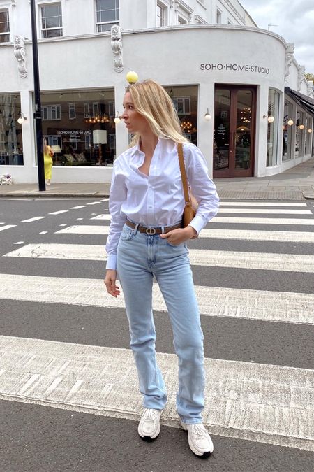 Insta & TikTok @pmmatter for outfit inspiration 🖤 Any questions? DM me on Insta! - minimal style, street style, casual elegant, easy outfit, everyday style, outfit inspiration, clean girl aesthetic, white oversized button down, straight leg light blue denim jeans, beige sneakers, camel Longchamp bag

#LTKstyletip #LTKfit