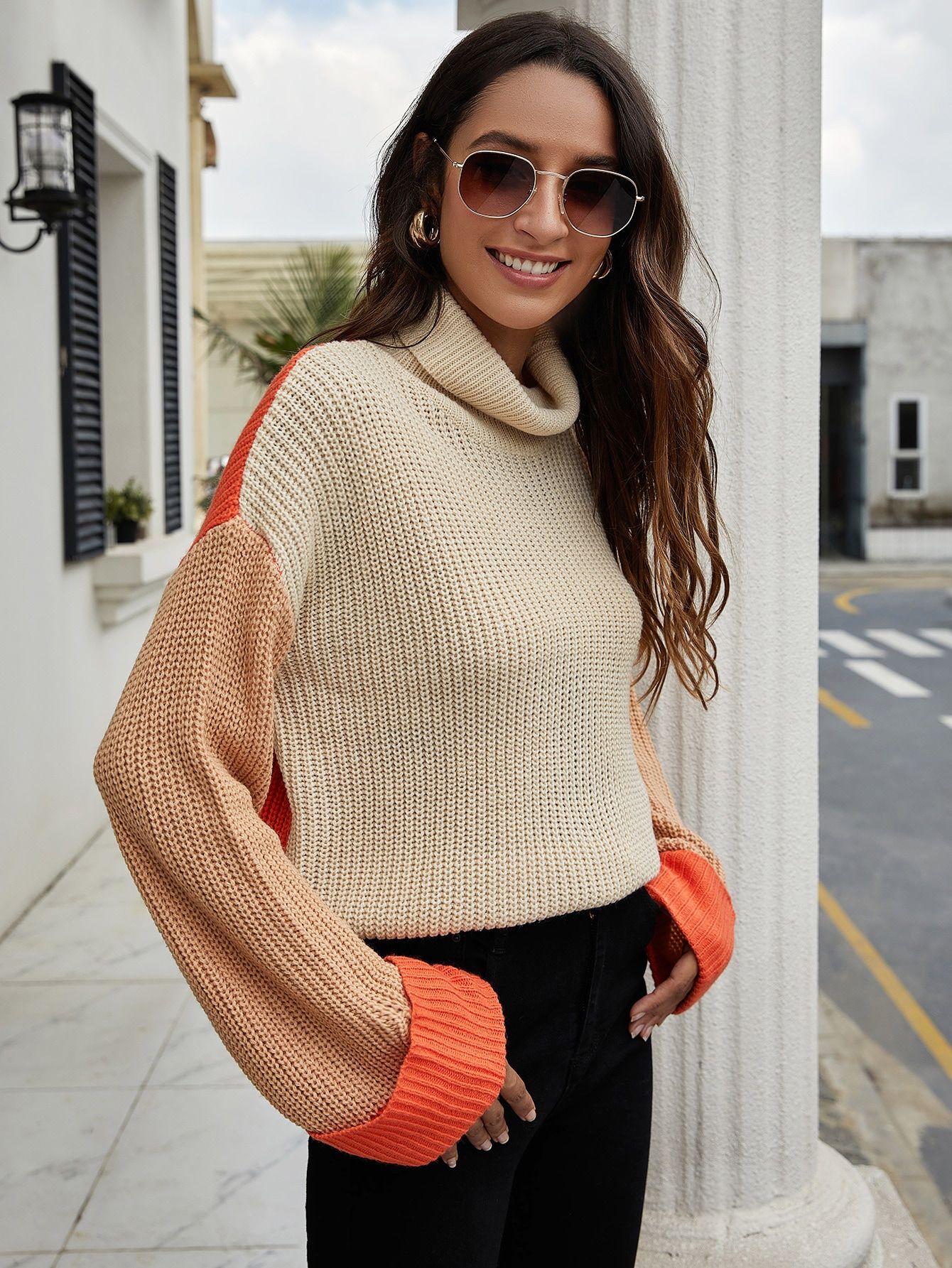 Turtle Neck Drop Shoulder Colorblock Sweater | SHEIN
