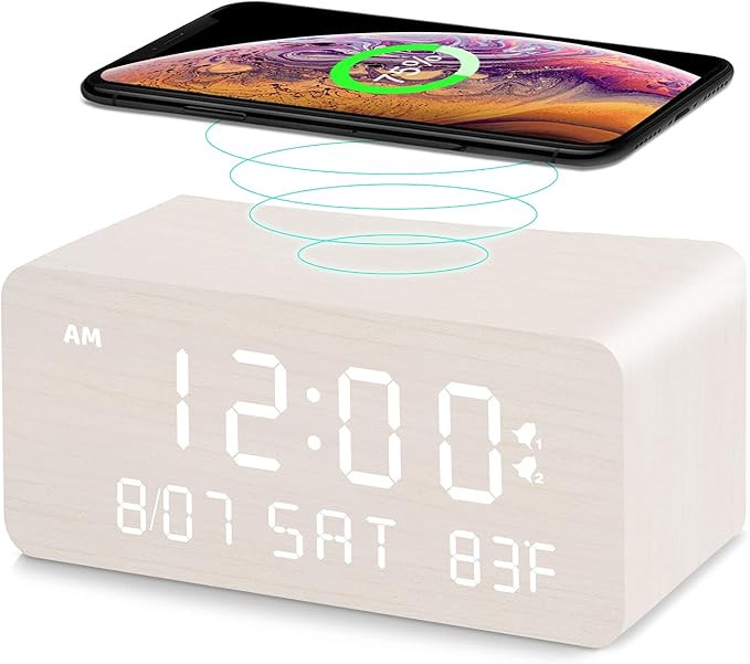 Andoolex Wooden Digital Alarm Clock with Wireless Charging, 0-100% Adjustable Brightness Dimmer a... | Amazon (US)