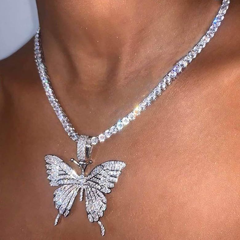Earent Crystal Butterfly Choker Necklace Rhinestone Pendant Necklaces Chain Sparkly Butterfly Jewerl | Amazon (US)