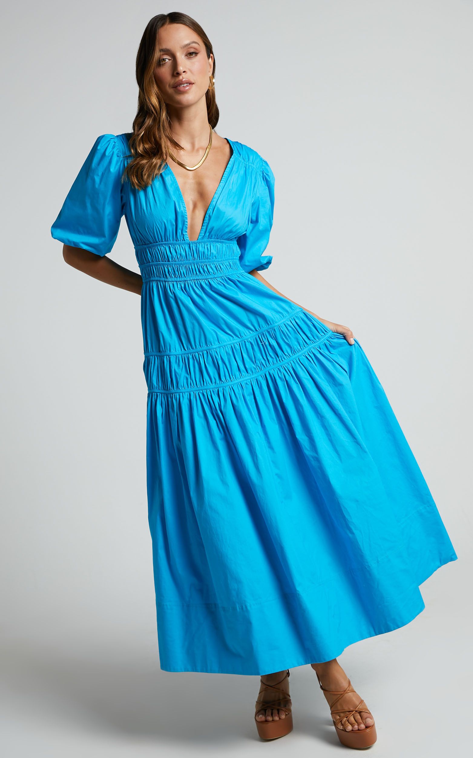 Mellie Midi Dress - Puff Sleeve Plunge Tiered Dress in Blue | Showpo (US, UK & Europe)