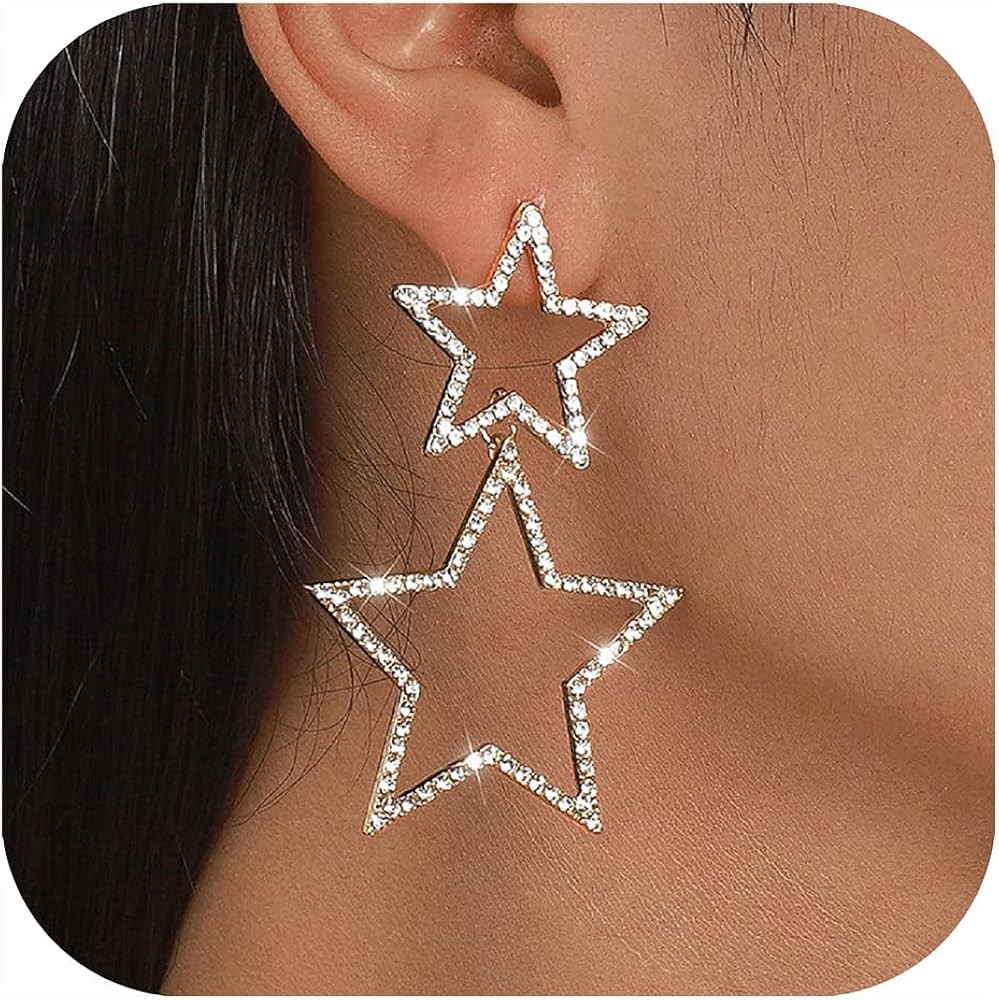 Star Earrings Gold/Silver Sparkly Rhinestone Earrings for Women Big Tassel Star Drop Earings For ... | Amazon (US)