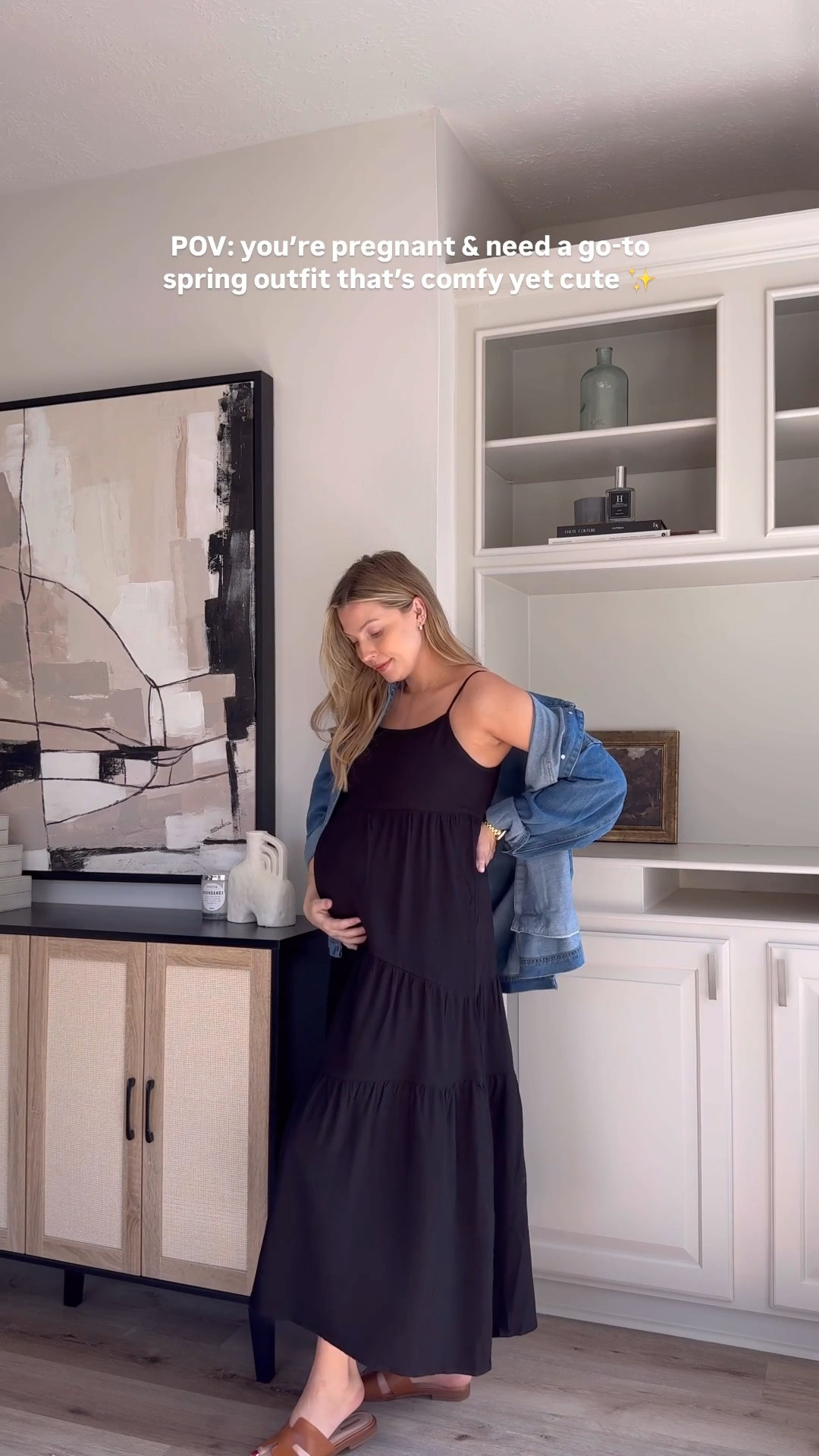 Bump friendly spring outfit | this dress is so flowy and perfect for the bump. Wearing size S in the dress. Size M in the denim shacket. Sandals fit tts. 

#LTKStyleTip #LTKBump