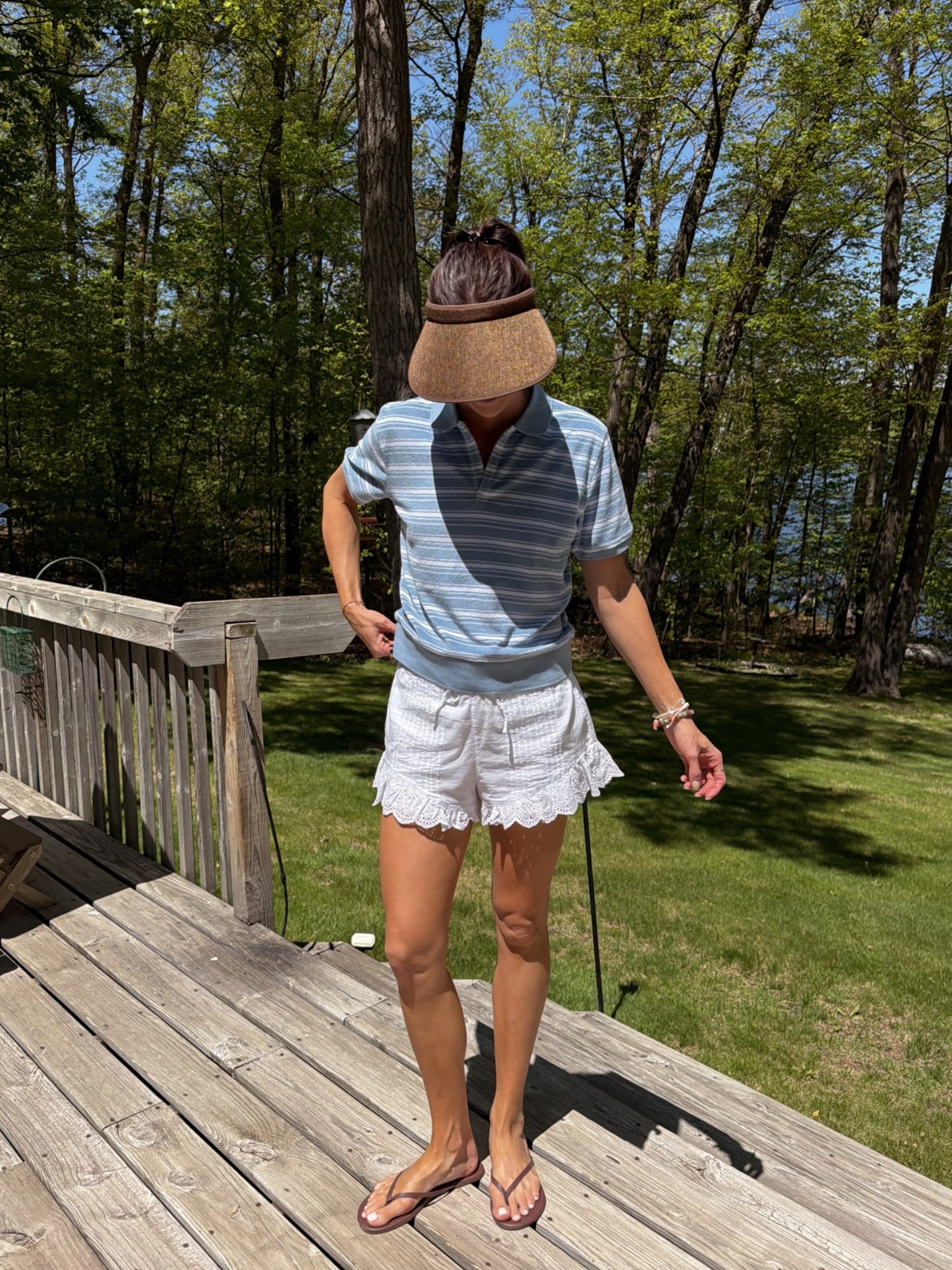 Lake morning fit 🌊🌞
Terry polo: true to size (S) 
White ruffle shorts: true to size (S)
Flip flops: tts, size up half 

Love this visor!!! Chic and lots of sun coverage

#LTKootd #LTKSeasonal #LTKSaleAlert