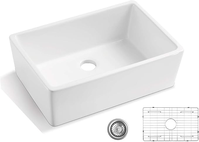 ALWEN 24 inch Fireclay Farmhouse Apron-Front Kitchen Sink Single Bowl - Luxury White Ceramic Sink... | Amazon (US)