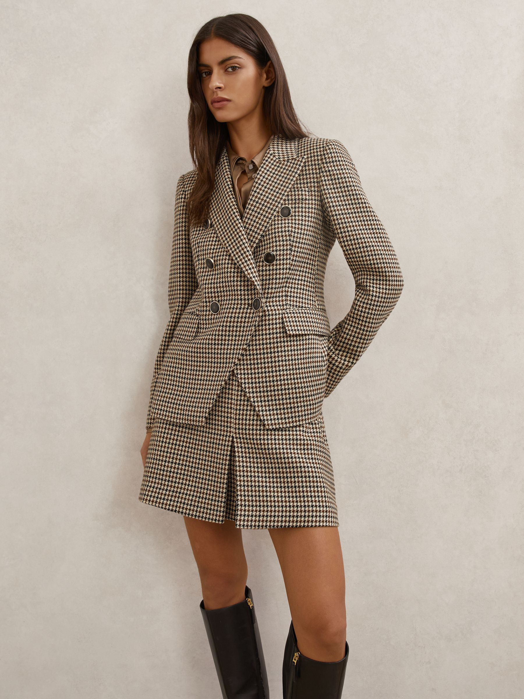 Reiss Wool-Blend Double-Breasted Check Blazer in Neutral Check - REISS | Reiss UK