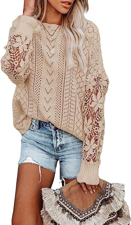 Dokotoo Womens Crewneck Crochet Lace Long Sleeve Hollow Out Cable Knit Pullover Sweaters Tops | Amazon (US)