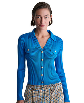 Women's Ribbed Knit Collared V-Neck Cardigan | Macy's