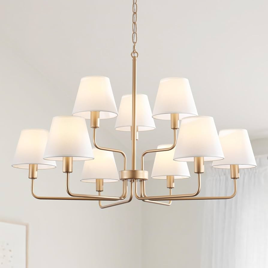 9-Light Gold Chandelier Light Fixture with White Fabric Shades, 33 inch Modern Farmhouse Dining R... | Amazon (US)