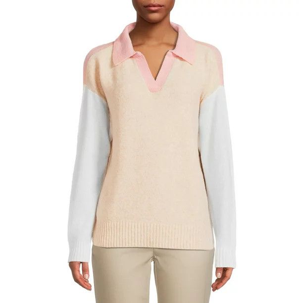 Time and Tru Women's Long Sleeve Colorblock Polo Sweater | Walmart (US)