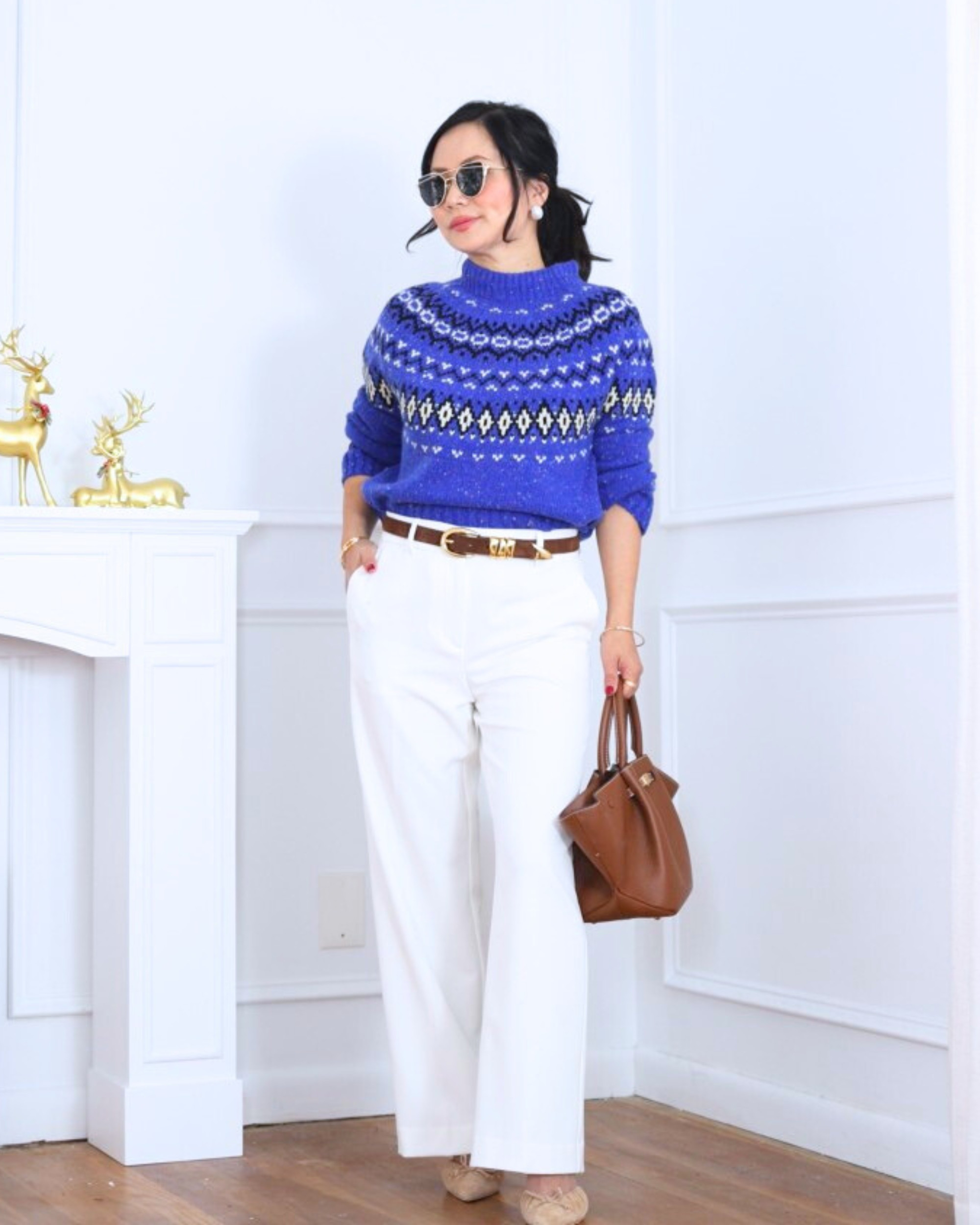 Stepping into cozy-chic mode with a fair isle sweater, wide leg pants, a roomy tote, and comfy suede mules. Effortless, warm, and perfect for a polished winter day out. I’m 5’2, wearing size XS.

#LTKHoliday #LTKPetite #LTKOver40