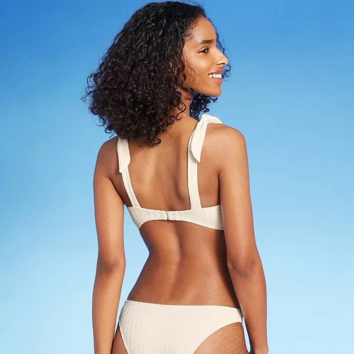 Women's Lightly Lined Shoulder Tie Ribbed Bralette Bikini Top - Shade & Shore™ Cream | Target