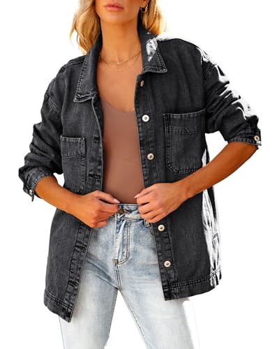 luvamia Casual Button Down Denim Jacket For Women Oversized Jean Jacket For Women Trendy Black Jean Jacket Women Black Jacket Women Black Jackets For Women Washed Black Size Small Fits Size 4 Size 6 | Amazon (US)
