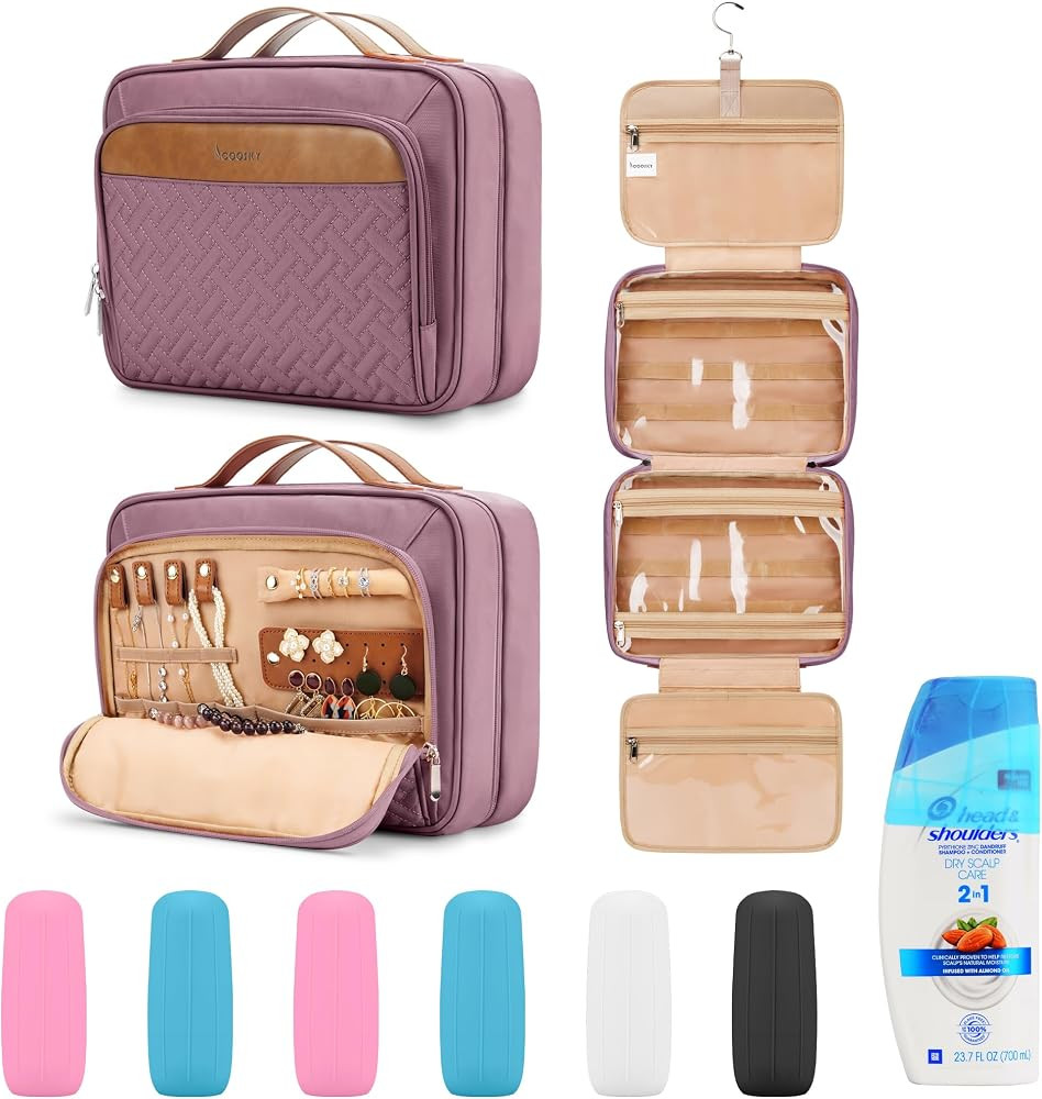 Travel Hanging Toiletry Bag for Women, Large Makeup Bag 8 Leak Proofing Silicone Bottle Covers, W... | Amazon (US)