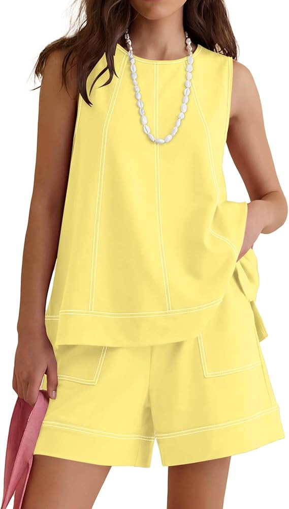 LOMON Womens Two Piece Short Sets Summer Round Neck Sleeveless Tank Tops Drawstring Elastic Waist... | Amazon (US)