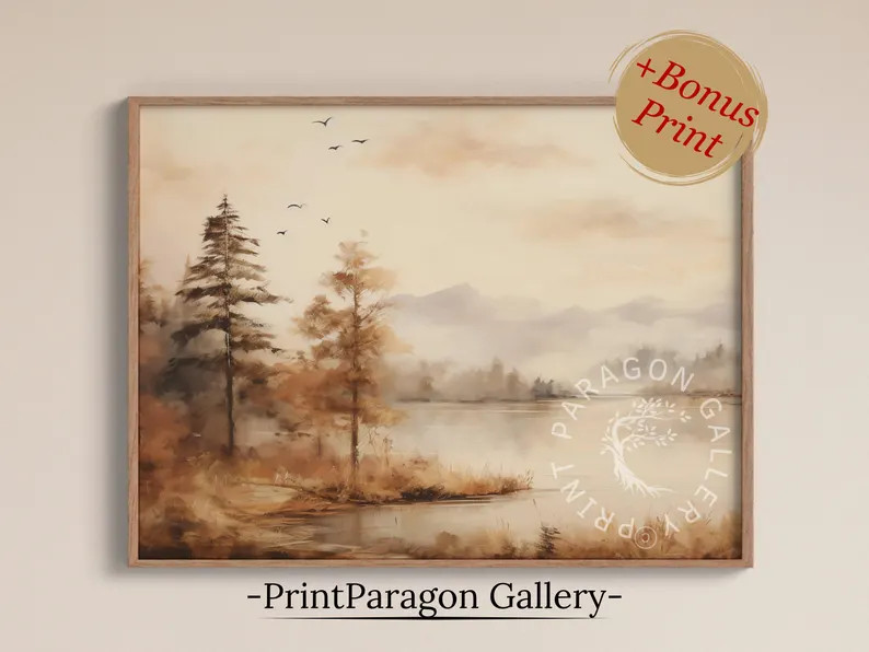 Foggy Lake Vintage Painting Countryside Autumn Landscape Printable Fall Forest Wall Art Rustic Au... | Etsy (US)