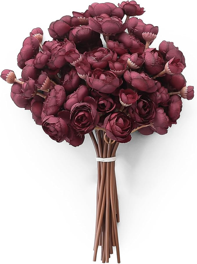 Floroom Ranunculus Artificial Flowers 18 Pcs Burgundy Faux Silk Mini Ranunculus Bulk Fake Wedding... | Amazon (US)