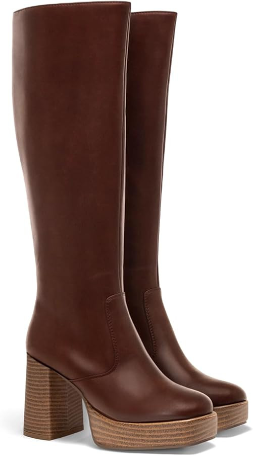 Coutgo Womens Platform Knee High Boots Chunky Block Heels Square Toe Tall Boots Side Zipper Fall Dress Shoes | Amazon (US)