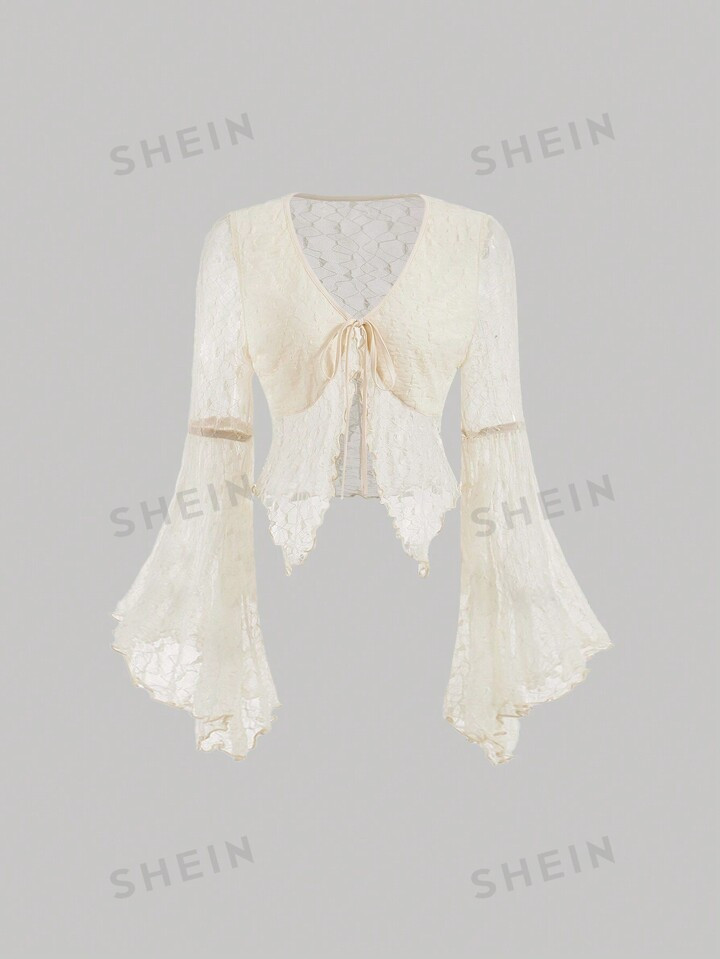 SHEIN MOD Semi-Sheer Lace Top With Flare Sleeve And Tie Detail | SHEIN